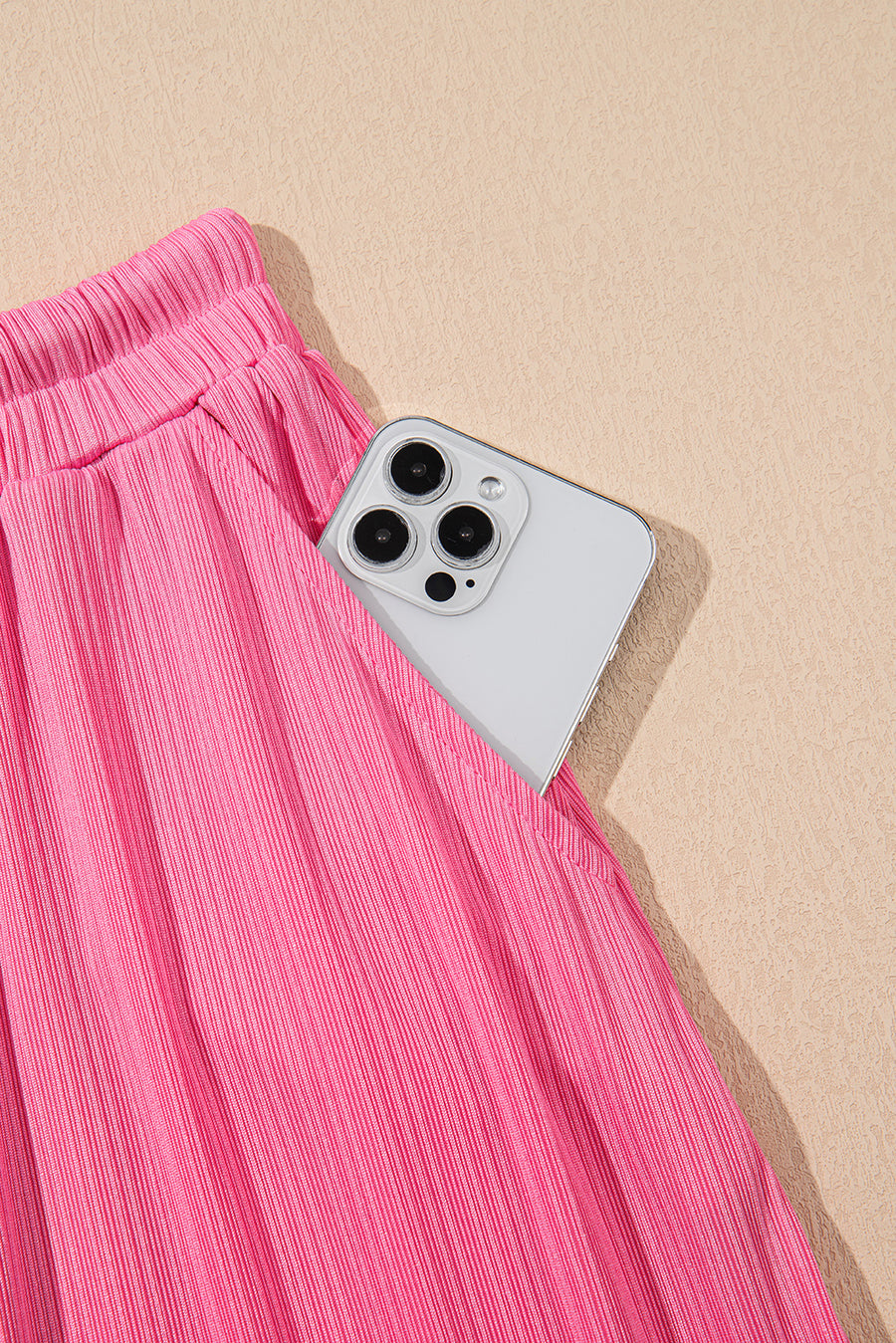 Bright Pink Textured Ruffle Trim Crop Top and Drawstring Skirt Set
