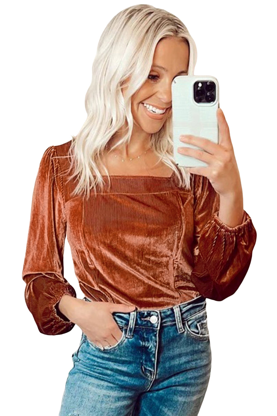 Clay Velvet Ribbed Texture Square Neck Puff Sleeve Top