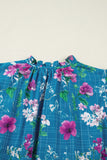 Blue Floral Flutter Sleeve Tie Neck Belted Midi Dress