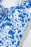 Blue Multi Floral Ruffled Strap Lace-Up Keyhole One-Piece Swimsuit B
