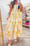 *Backorder* Floral Print Denim Straps High Waist Maxi Dress