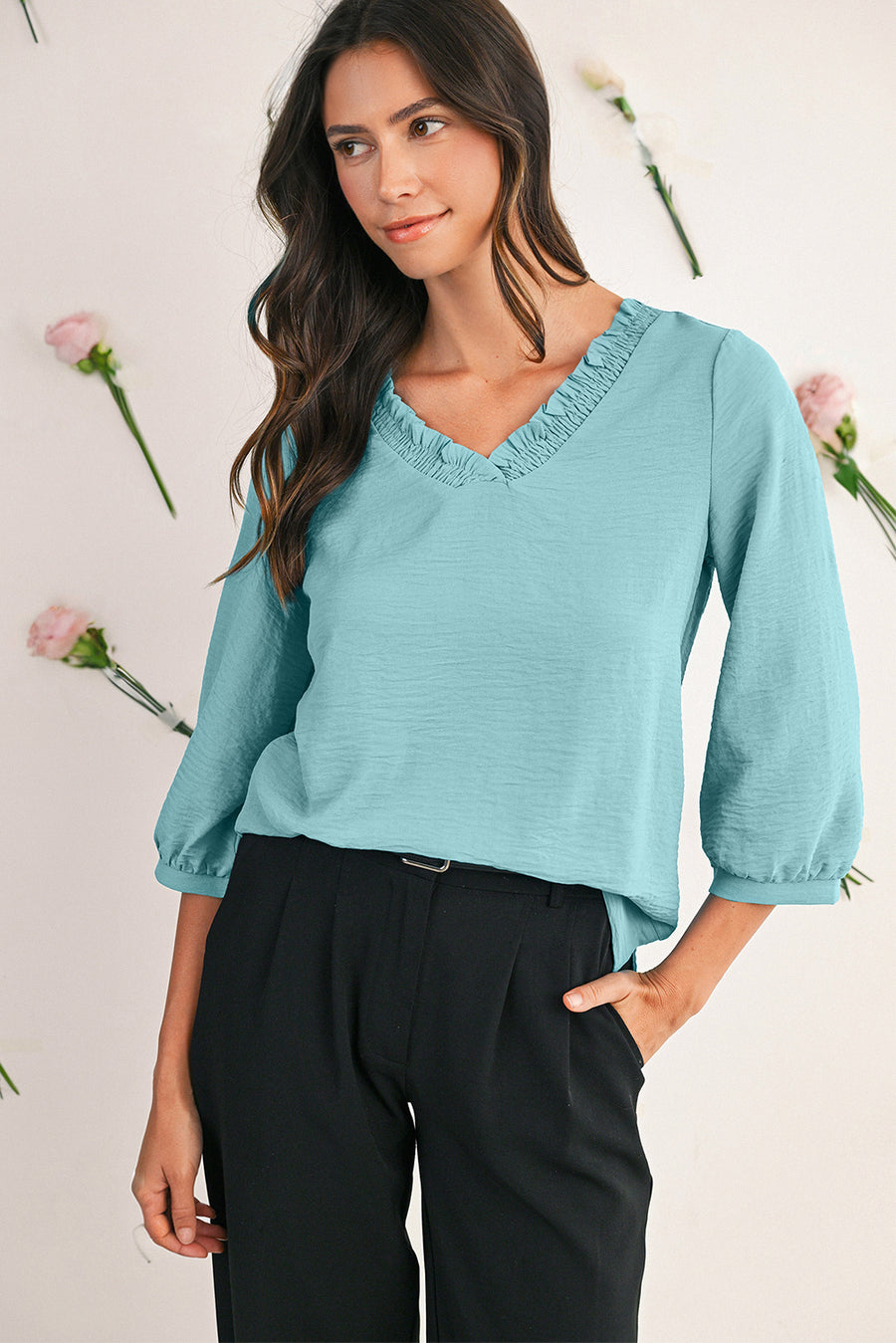 Frill V-Neck Lantern Sleeve Crinkled Blouse- 3 Colors