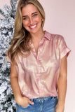 Metallic Pink Button-Up Short Sleeve Shirt