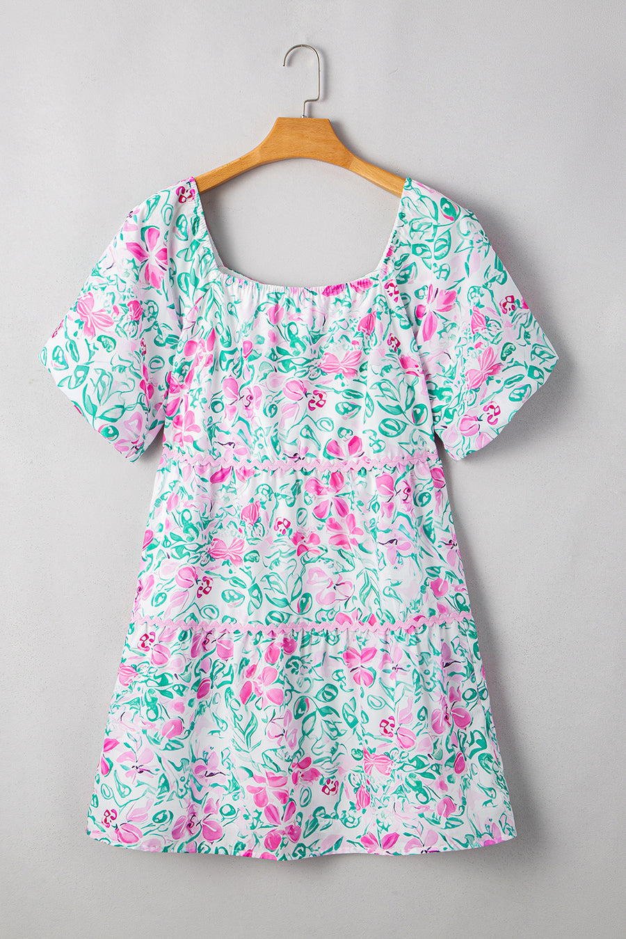 Plus Size White Floral Print Ricrac Trim Square Neck Mini Dress