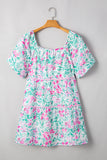 Plus Size White Floral Print Ricrac Trim Square Neck Mini Dress