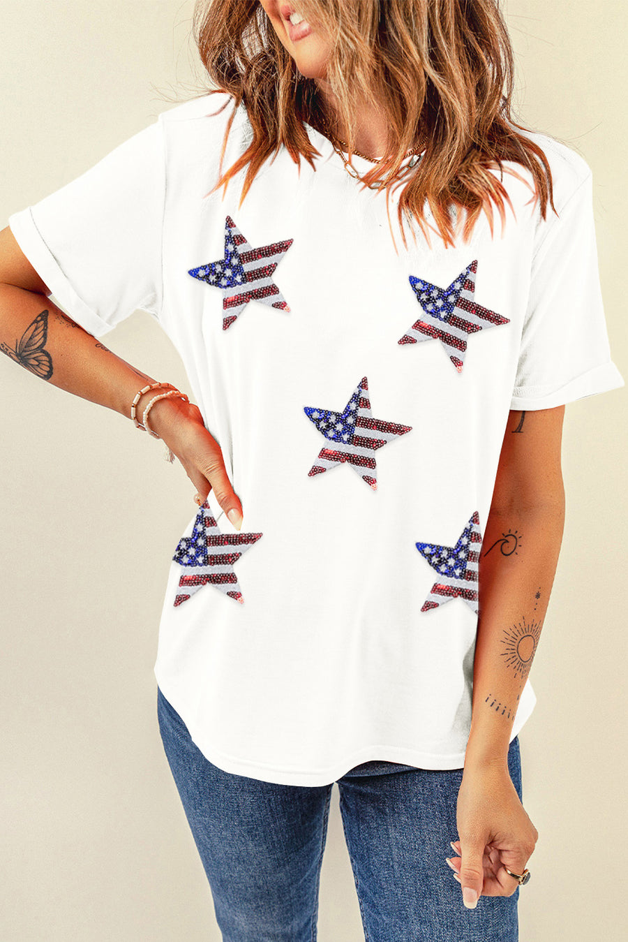 White Sequin American Flag Star Graphic T-Shirt