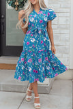 Blue Floral Flutter Sleeve Tie Neck Belted Midi Dress