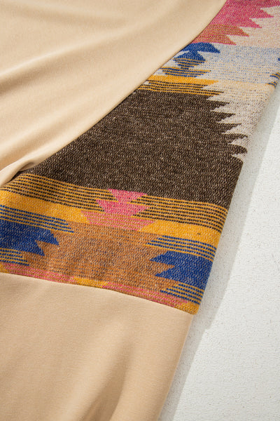 Light French Beige Geometric Patchwork Raglan Sleeve Pullover Sweatshirt