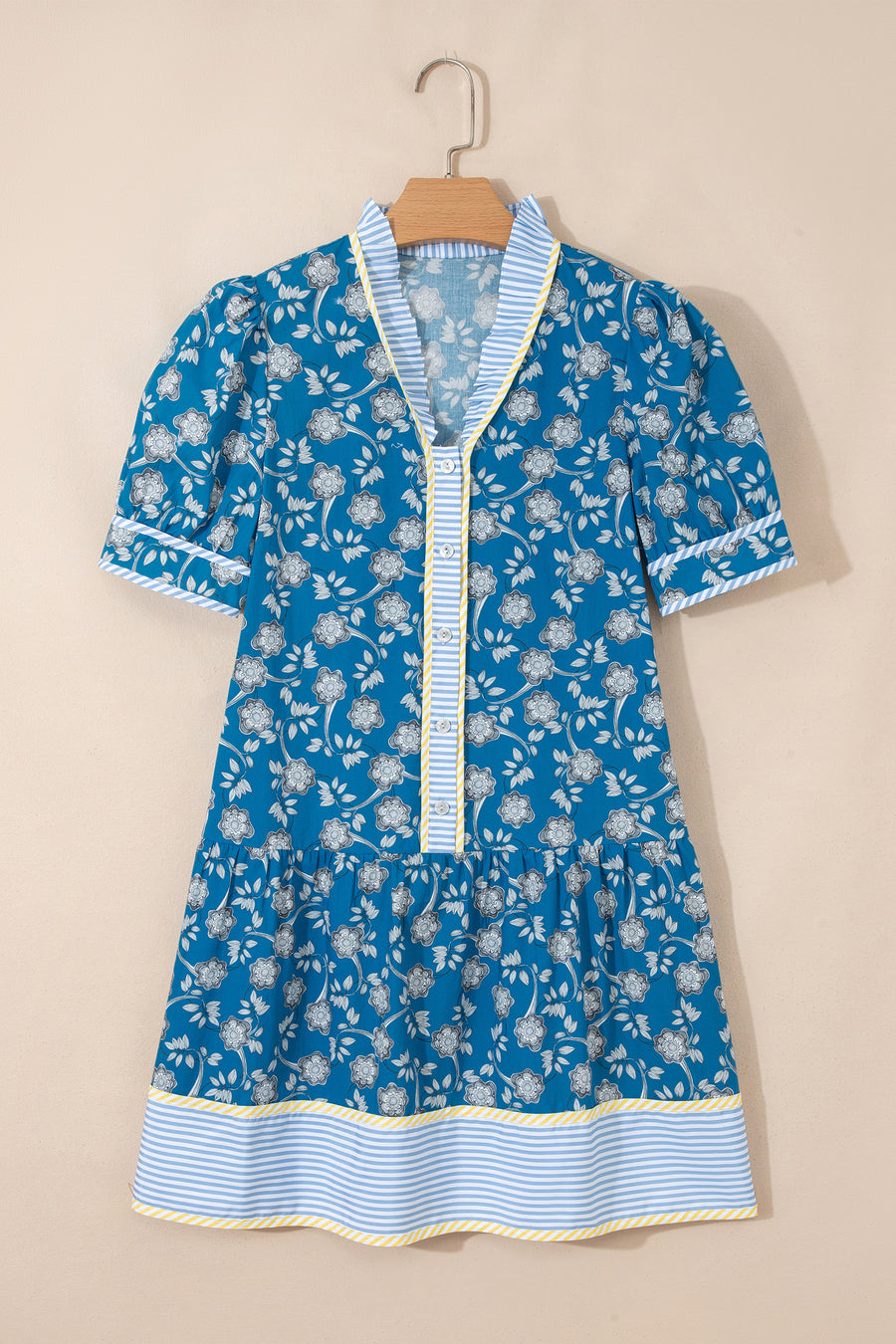 Blue Floral Striped Frill Neck Button-Up Short Sleeve Mini Dress