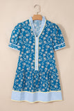 Blue Floral Striped Frill Neck Button-Up Short Sleeve Mini Dress
