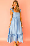 Solid Color Ruffle Trim High Waist Sleeveless Maxi Dress A- 2 Colors