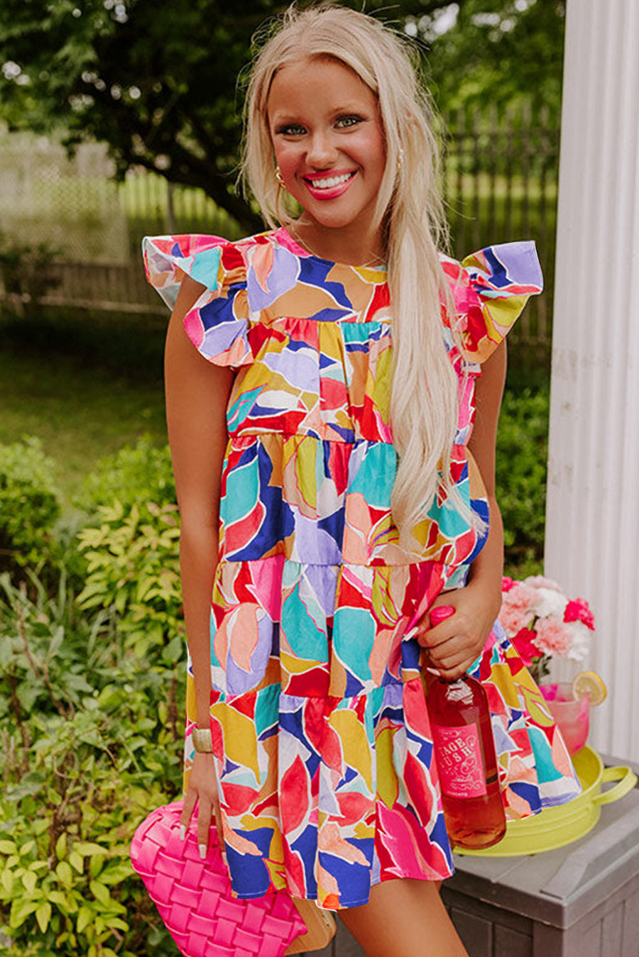 Abstract Print Flutter Sleeve Tiered Mini Dress