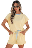Yellow Cream Soft Ribbed Color Block Trim Casual Short Set