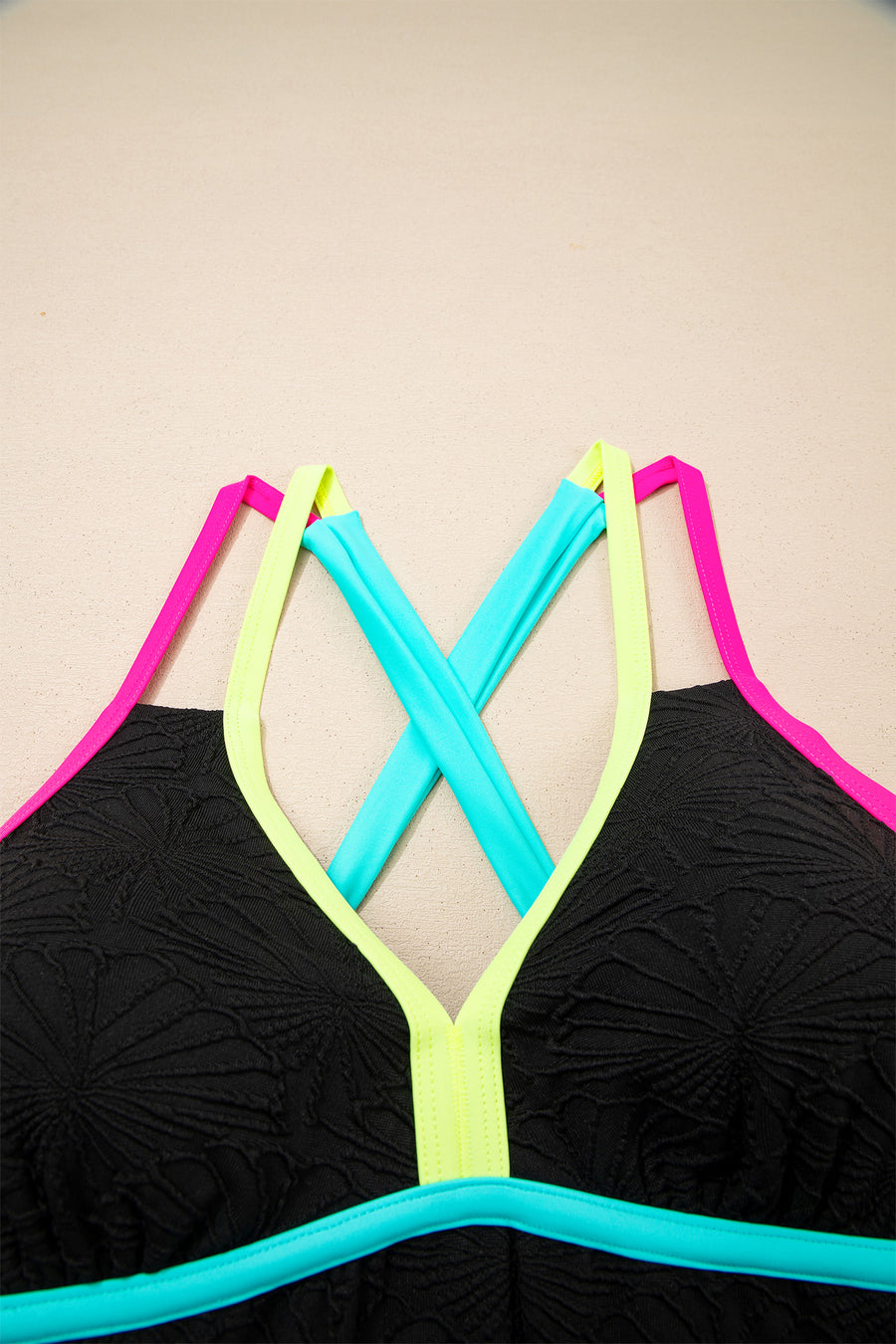 Black Floral Textured Neon Trim V-Neck Criss-Cross Tankini