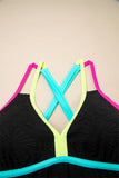 Black Floral Textured Neon Trim V-Neck Criss-Cross Tankini