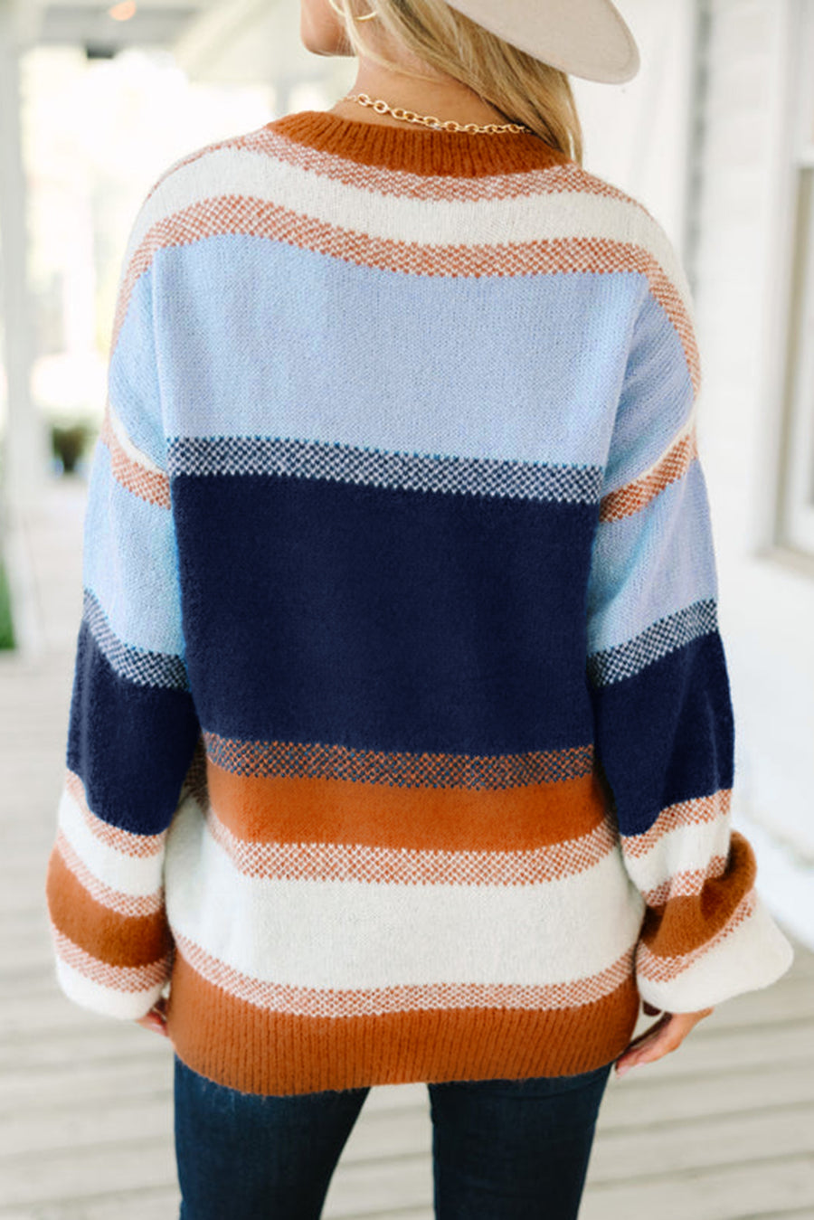 Blue Multi Color Block Crew Neck Tunic Sweater
