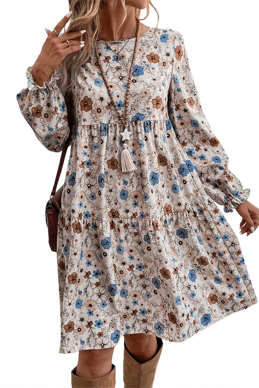 Khaki Floral Print Long Sleeve Tiered Mini Dress