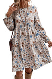 Khaki Floral Print Long Sleeve Tiered Mini Dress