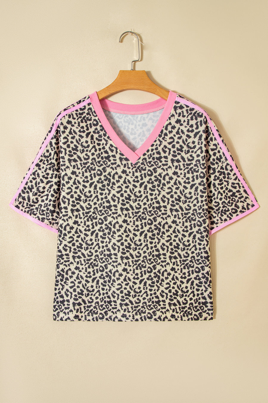 Leopard Print V-Neck Contrast Varsity Stripe Short Sleeve T-Shirt