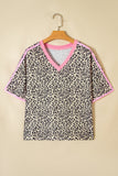 Leopard Print V-Neck Contrast Varsity Stripe Short Sleeve T-Shirt