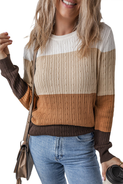 Khaki Colorblock Cable Knit Round Neck Sweater