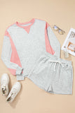 Light Grey & Pink Color Block Raw Hem Pullover Sweatshirt and Shorts Set