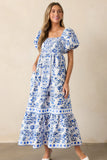 Blue Multi Floral Print Square Neck Bubble Sleeve High Waist Maxi Dress