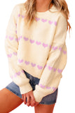 Cream & Pink Heart Stripe Ribbed Crew Neck Knit Sweater
