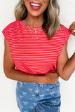 Striped Ribbed Cap Sleeve Crew Neck T-Shirt- 2 Colors