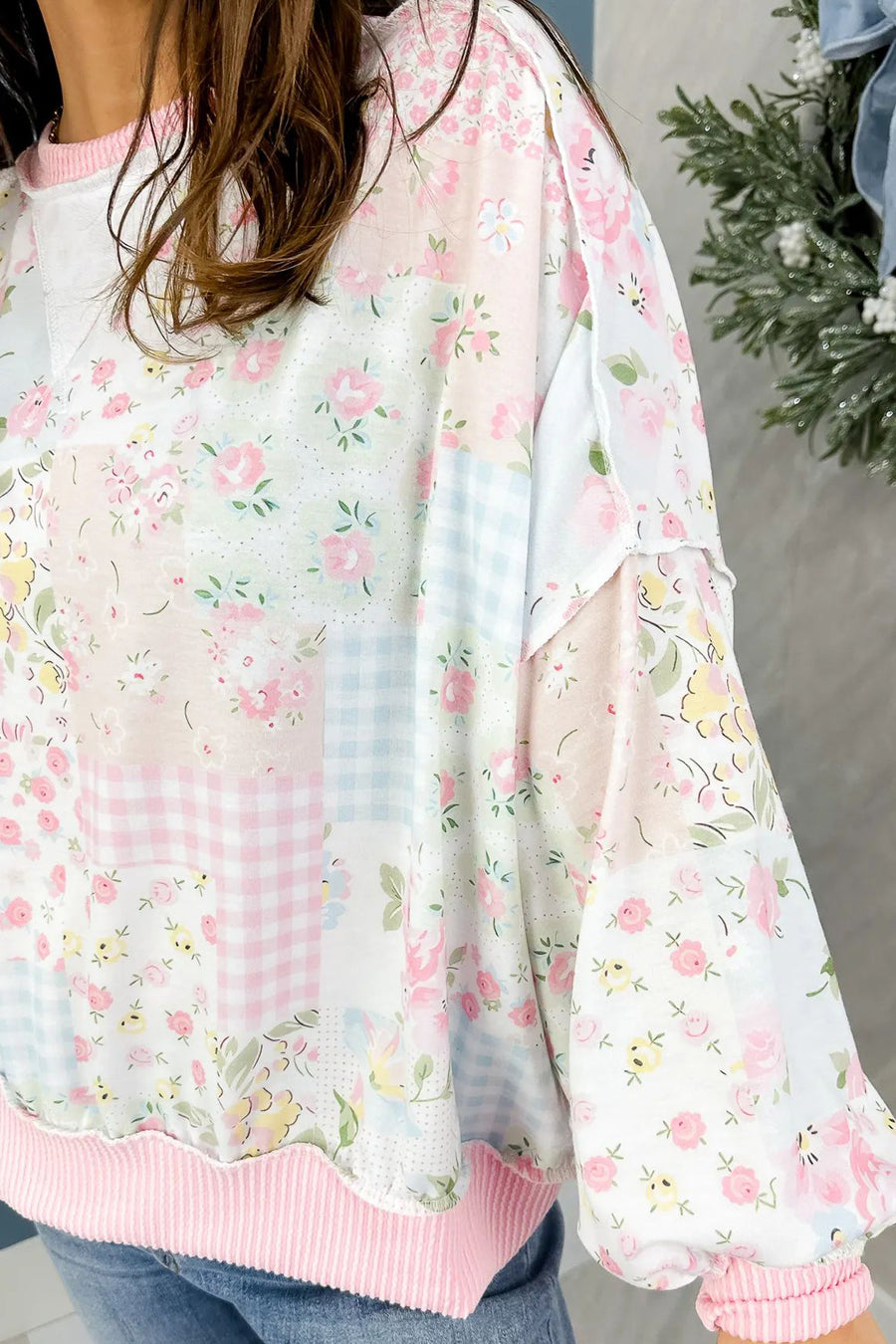 Pink Mixed Floral Print Twisted Rib Patchwork Loose Long Sleeve Top