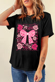Black Floral Heart Pattern Bow Graphic T-Shirt A