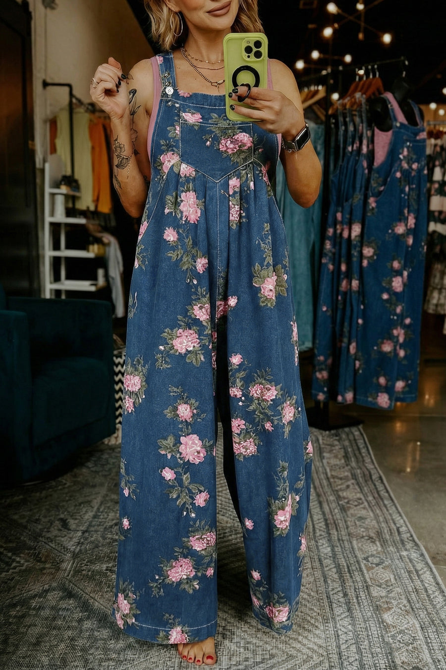 Floral Print Pleated High-Waist Wide Leg Denim Overalls- 3 Colors