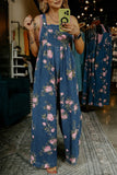 Floral Print Pleated High-Waist Wide Leg Denim Overalls- 3 Colors