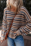 Tan Multi Openwork Striped Knit Drop Shoulder Crew Neck Sweater