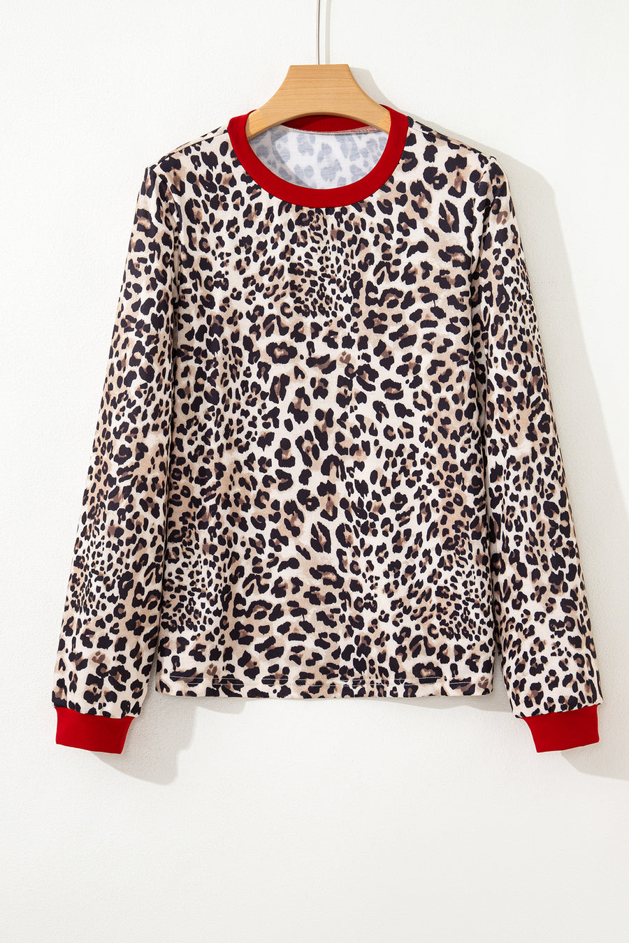 Leopard Print Contrast Trim Crew Neck Long Sleeve Top