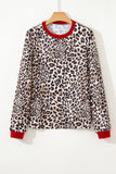 Leopard Print Contrast Trim Crew Neck Long Sleeve Top