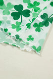 Green Lucky Shamrock Lettuce Trim High Neck Mesh Long Sleeve Top