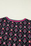 Black Floral Contrast Trim V-Neck Lantern Sleeve Blouse