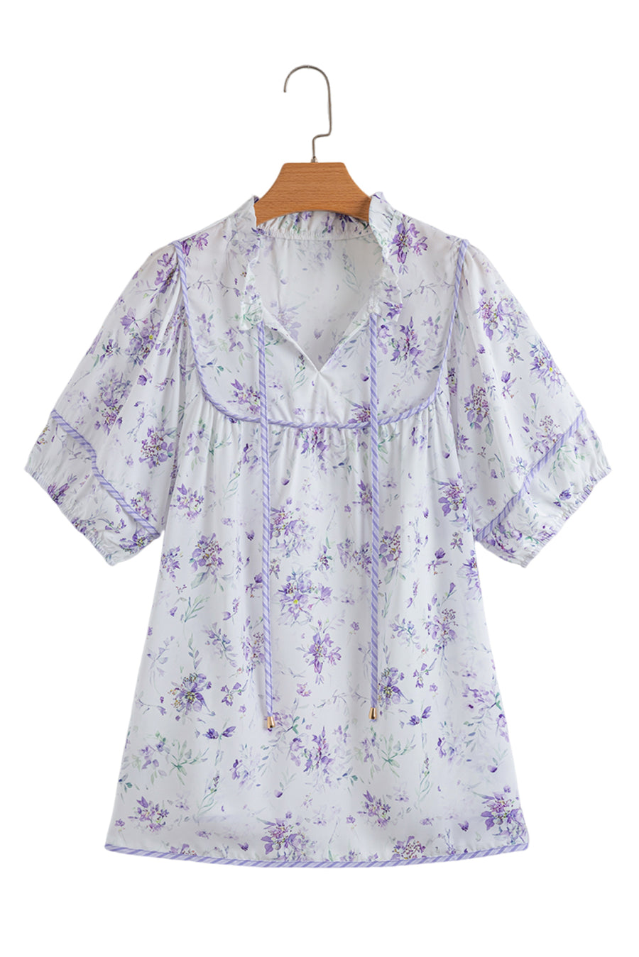 Plus Size Lavender Floral Frill V-Neck Blouse