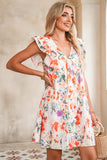 Orange Multi Floral Ruffle Sleeve V-Neck High Waist Mini Dress