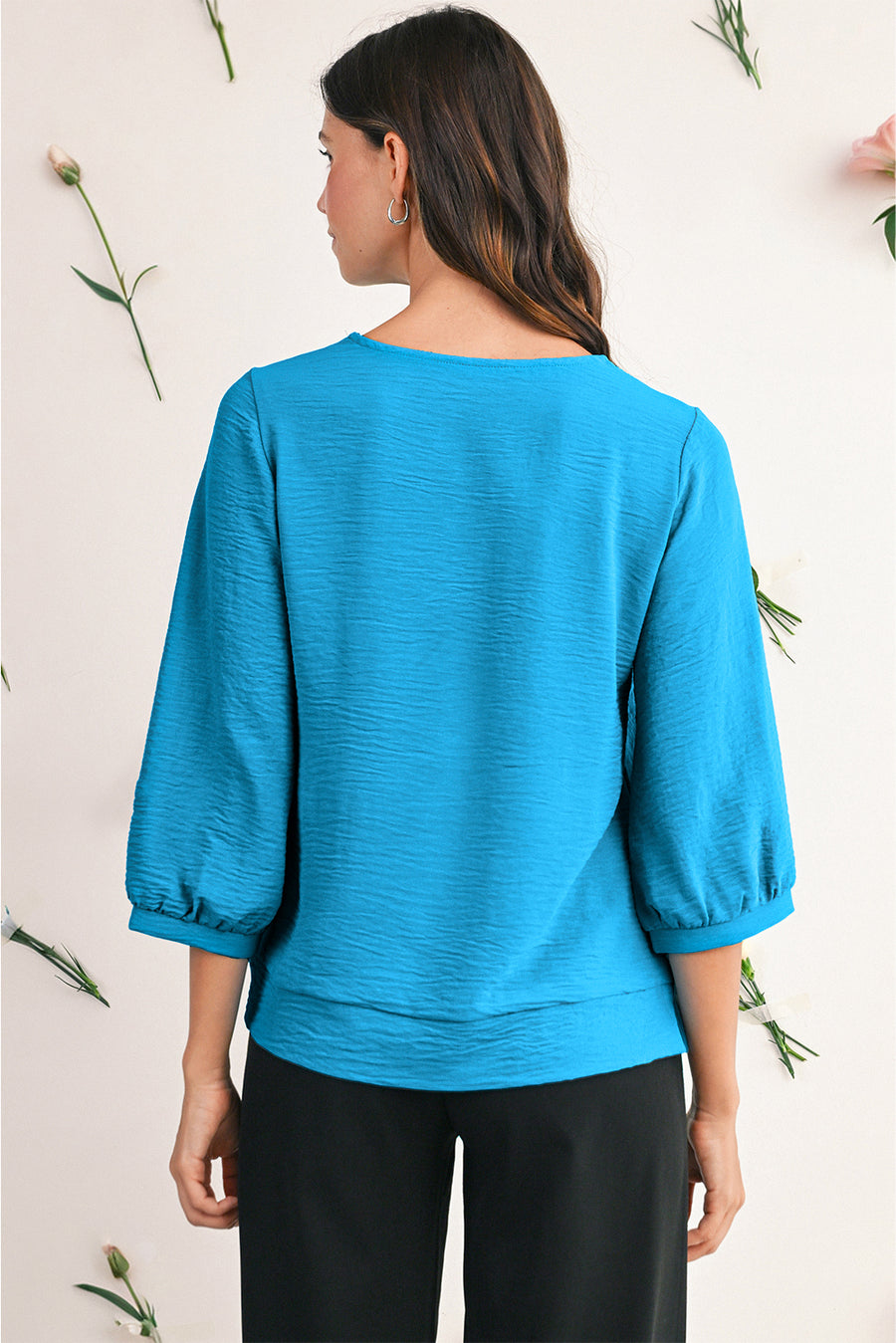 Frill V-Neck Lantern Sleeve Crinkled Blouse- 3 Colors