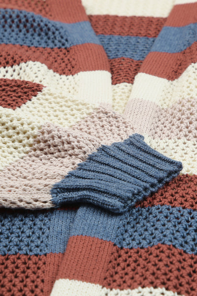 Dark Blue Color Block Striped Cut Out Knit Cardigan