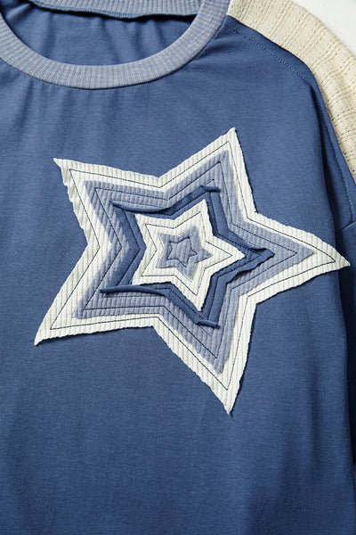 Dark Blue Knitted Colorblock Patchwork Star Patched Long Sleeve Top