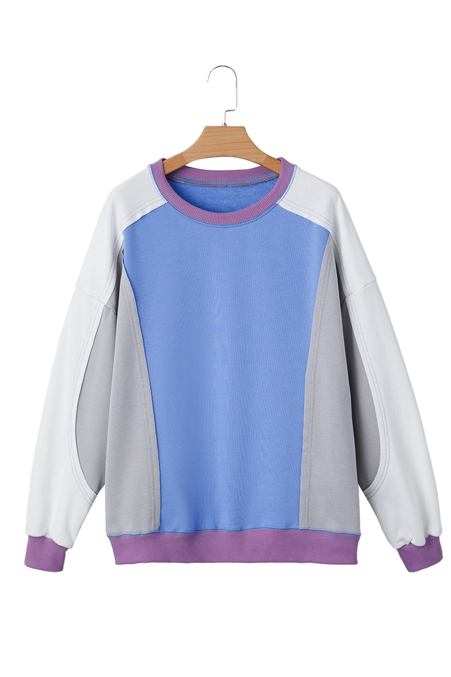 Blue Multi Color Block Patchwork Crew Neck Pullover Sweatshirt
