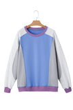 Blue Multi Color Block Patchwork Crew Neck Pullover Sweatshirt