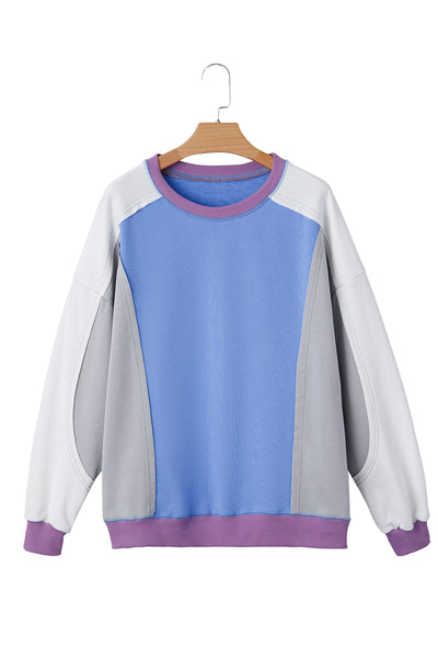 Blue Colorblock Patchwork Round Neck Pullover Sweatshirt