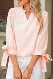 Pink Striped Pearl Beaded Bow Cuff Blouse