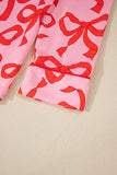 Pink All Over Bow Print Long Sleeve Button-Up Top and Pants Pajama Set
