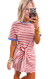 Striped Tie Front Contrast Trim Crew Neck T-Shirt Mini Dress- 3 Colors