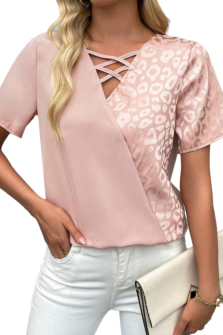 Apricot Leopard Print Criss-Cross V-Neck Blouse